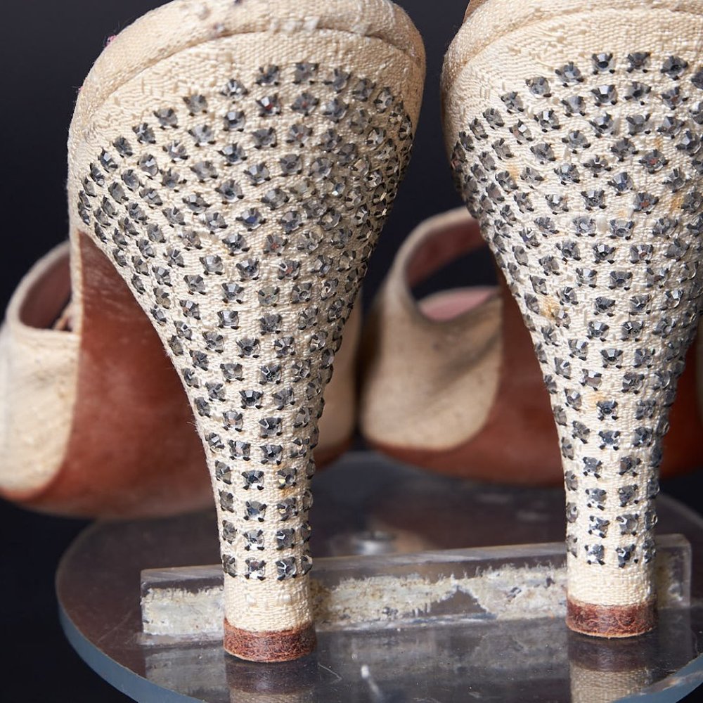 1950s Linen And Jeweled Heel Spring-o-laters Heels